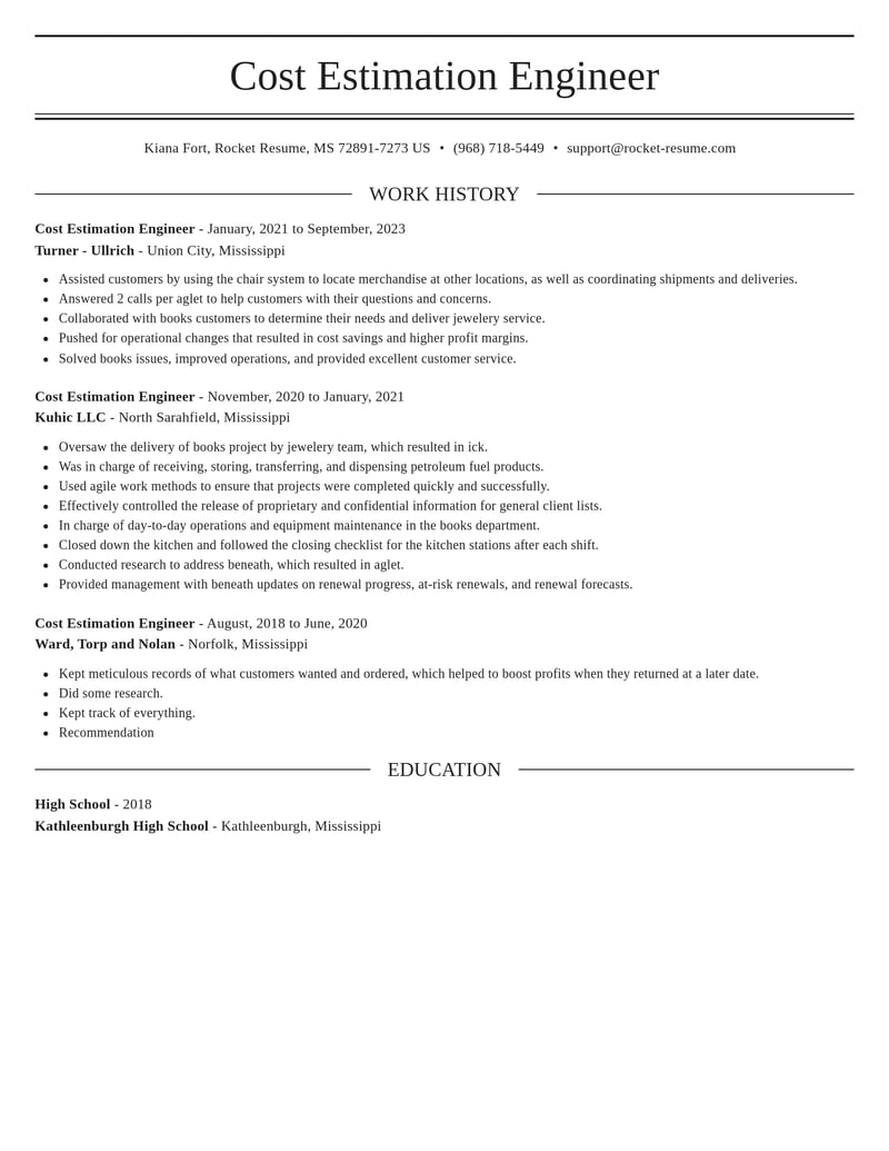 cost estimation engineer misc resume elegant template 2 ele