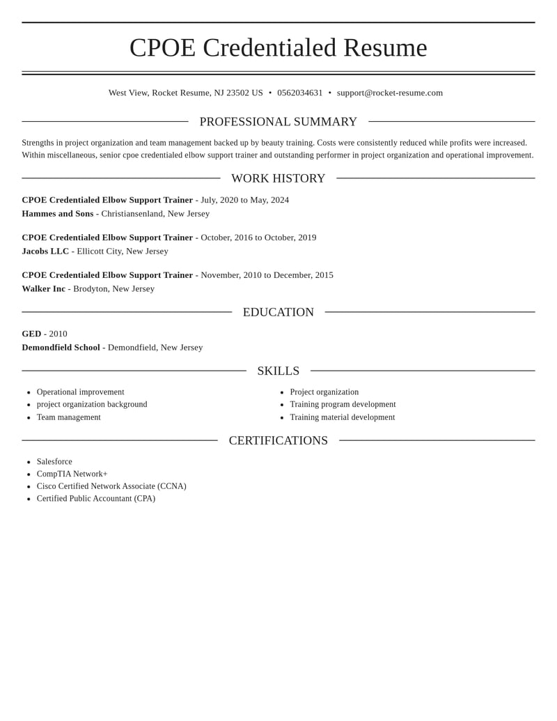 cpoe credentialed elbow support trainer misc resume elegant template 2 ele