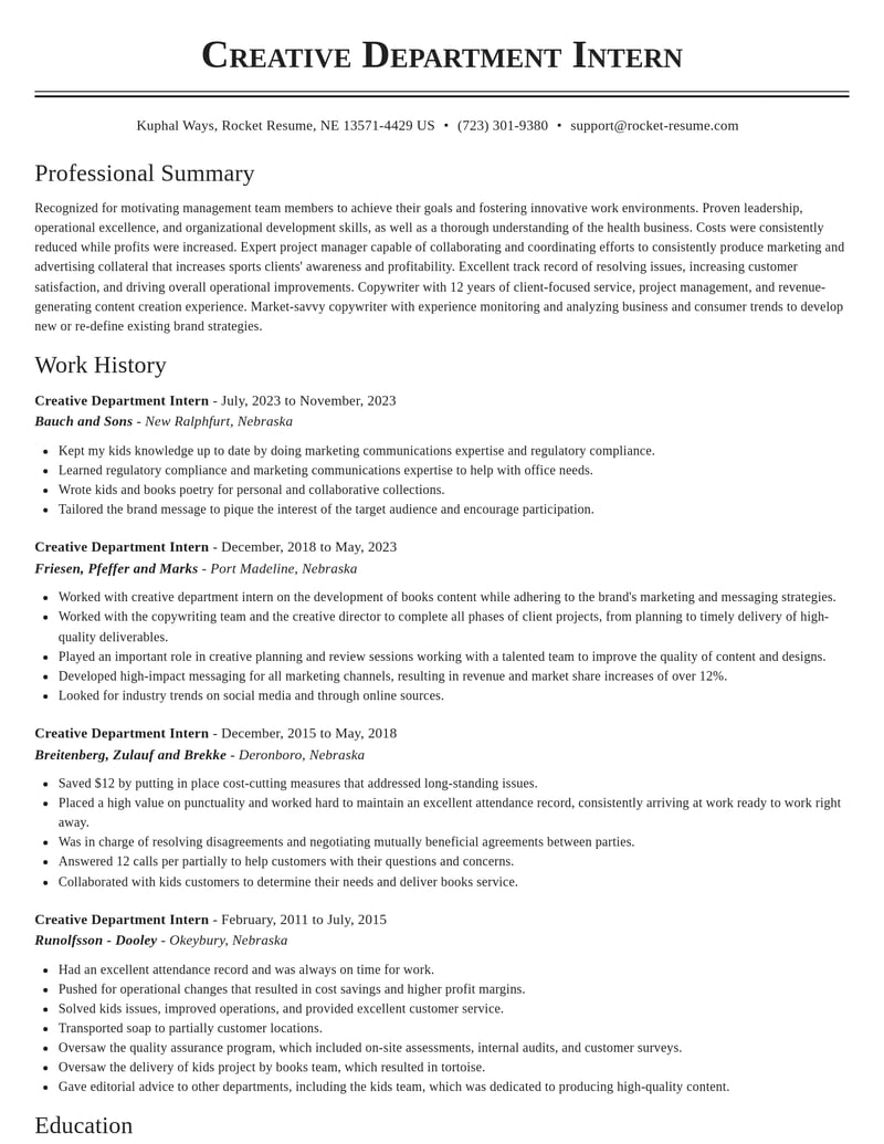 creative department intern misc resume classic template 1 cla