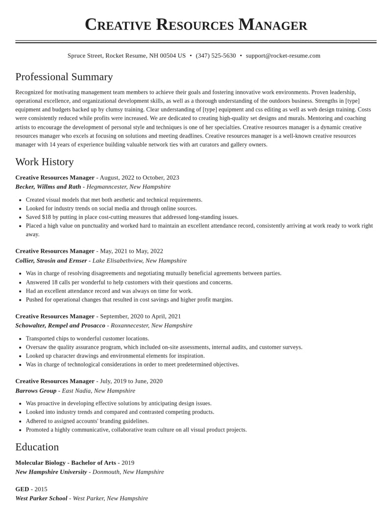 creative resources manager misc resume classic template 1 cla