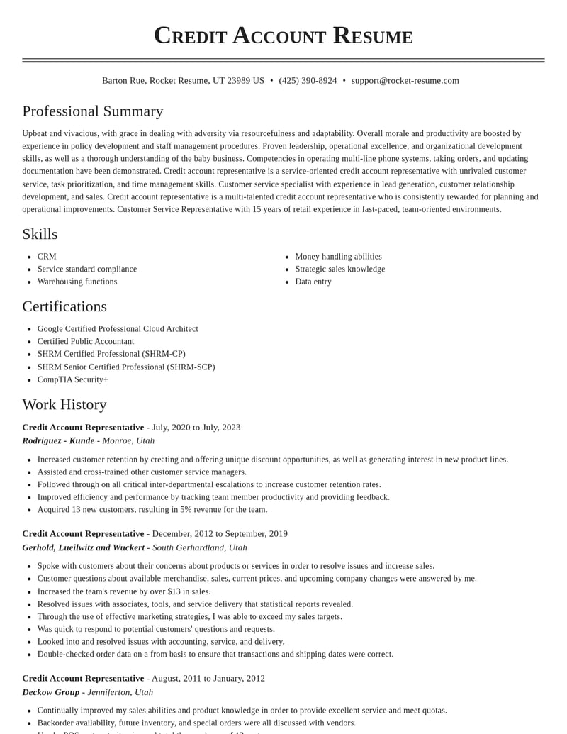 credit account representative misc resume classic template 2 cla