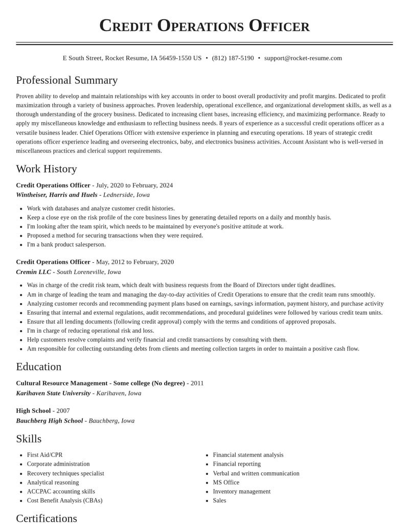 credit operations officer misc resume classic template 0 cla