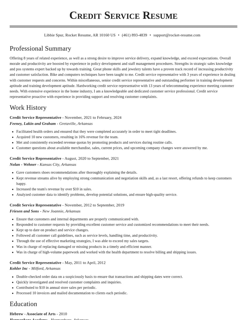 credit service representative misc resume classic template 0 cla
