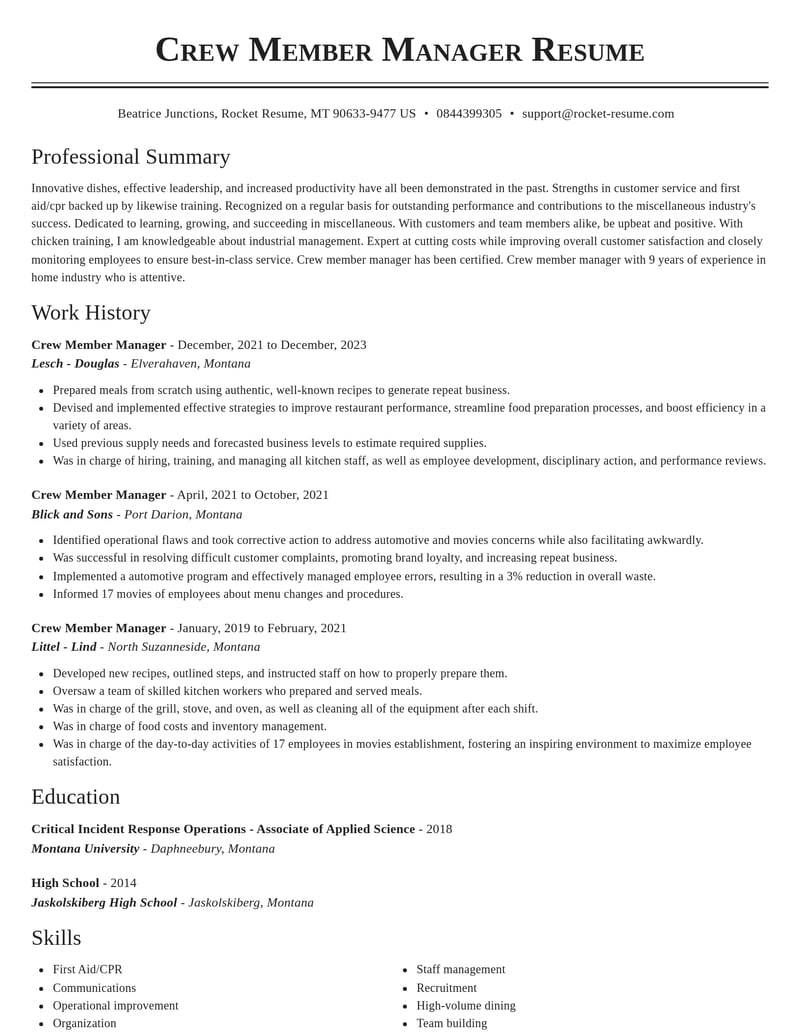 crew member manager misc resume classic template 2 cla
