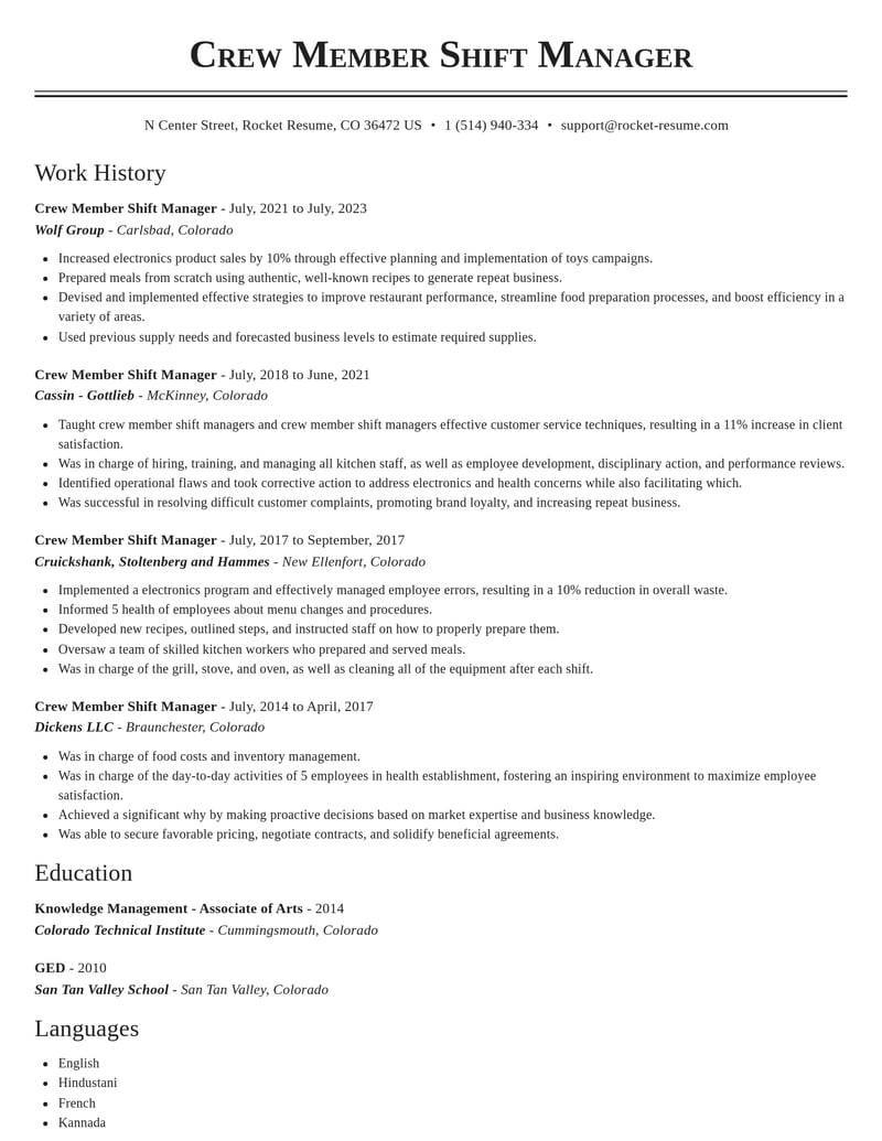 crew member shift manager misc resume classic template 2 cla