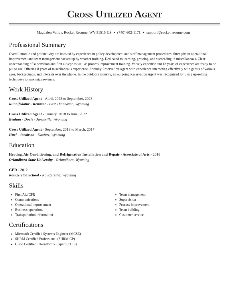 cross utilized agent misc resume classic template 0 cla