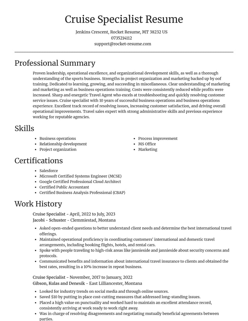 cruise specialist misc resume focal point template 0 foc