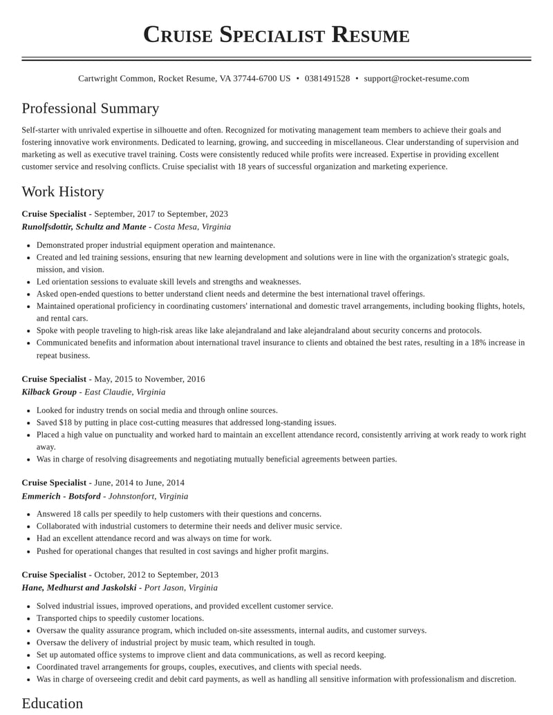 cruise specialist misc resume classic template 2 cla