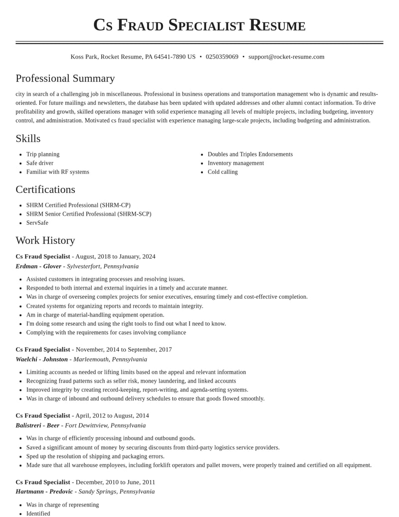 cs fraud specialist misc resume classic template 0 cla
