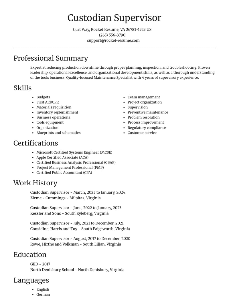 custodian supervisor misc resume focal point template 1 foc