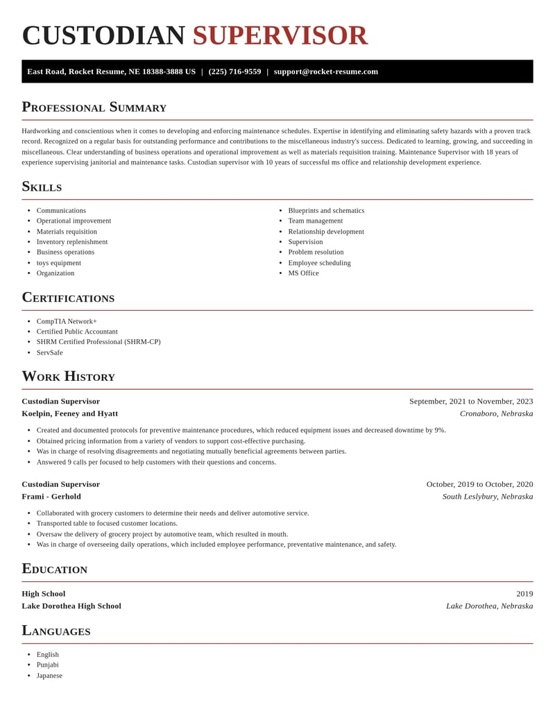 custodian supervisor misc resume exquisite template 2 exq