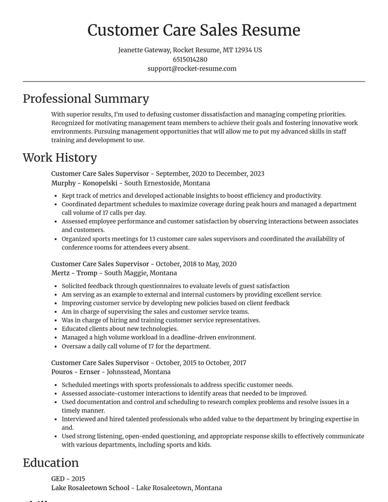 customer care sales supervisor misc resume focal point template 2 foc