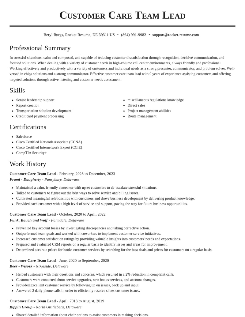 customer care team lead misc resume classic template 1 cla