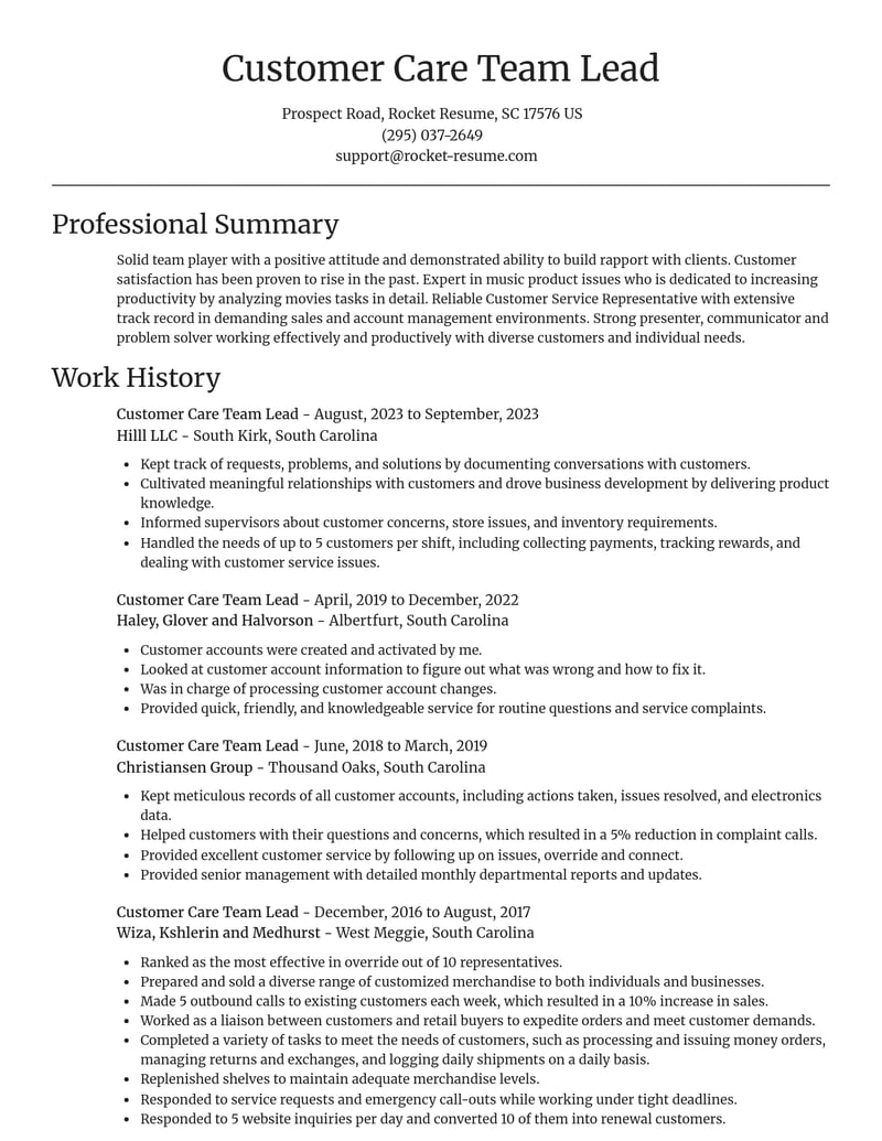 customer care team lead misc resume focal point template 2 foc