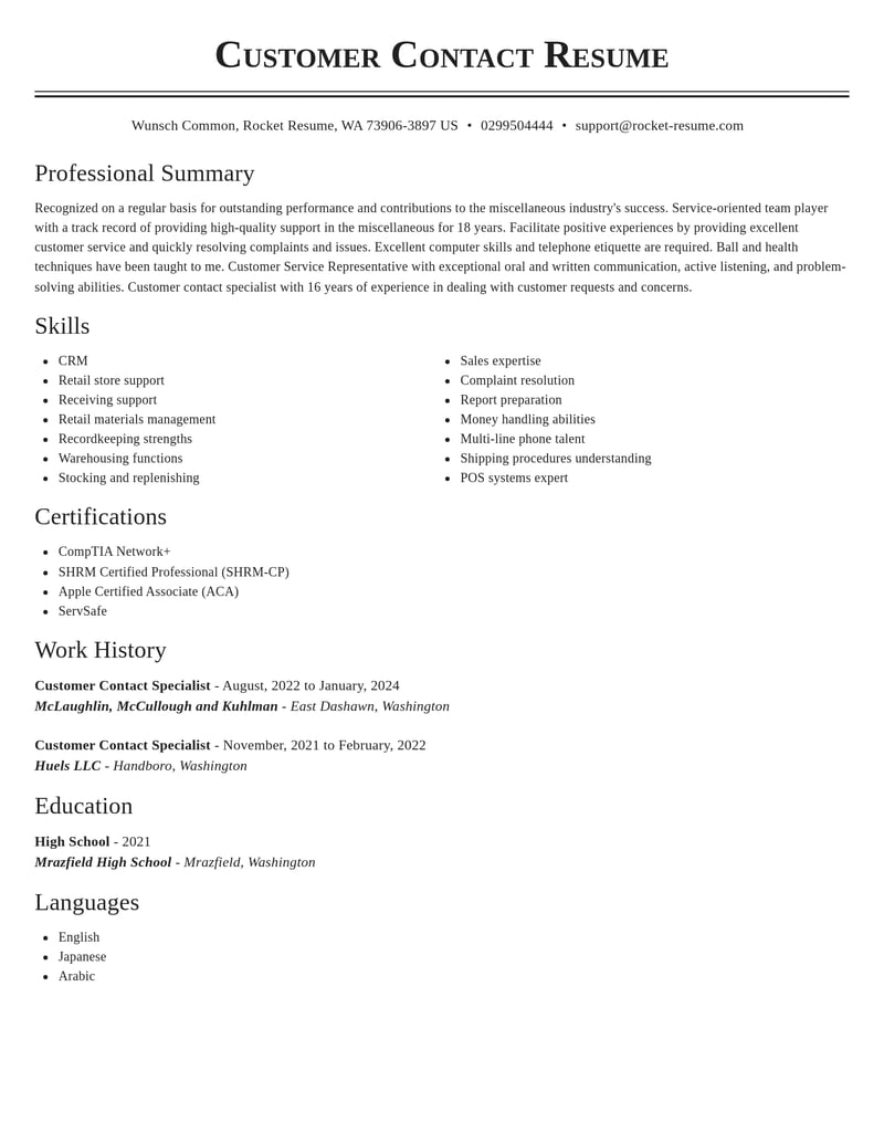 customer contact specialist misc resume classic template 0 cla