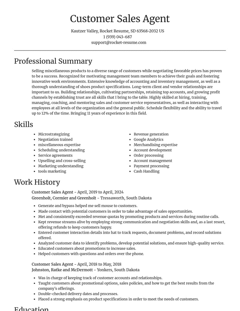 customer sales agent misc resume focal point template 0 foc
