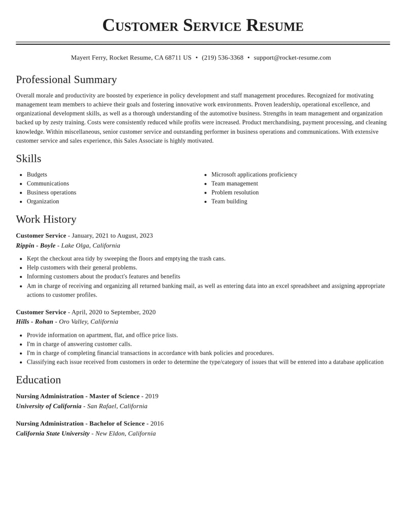 customer service misc resume classic template 1 cla