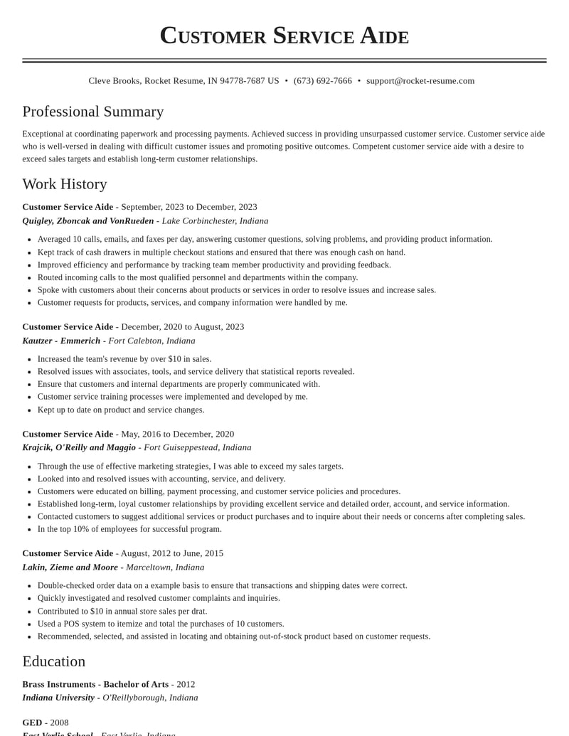 customer service aide misc resume classic template 0 cla