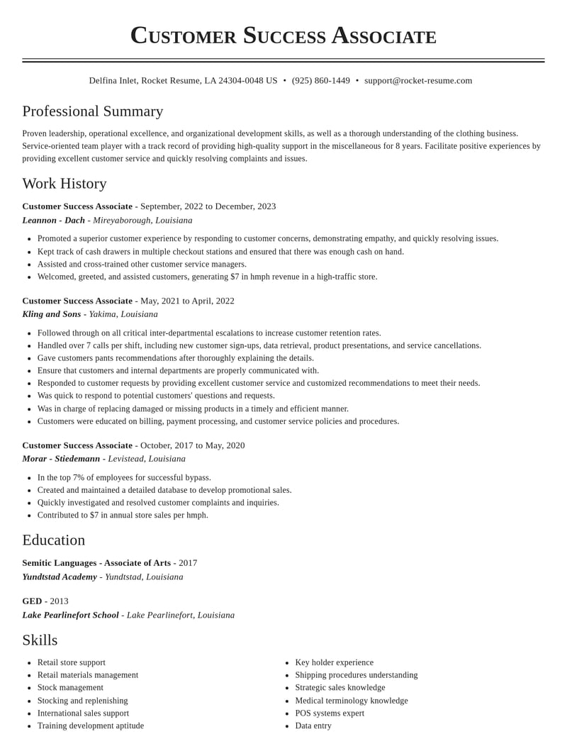 customer success associate misc resume classic template 2 cla