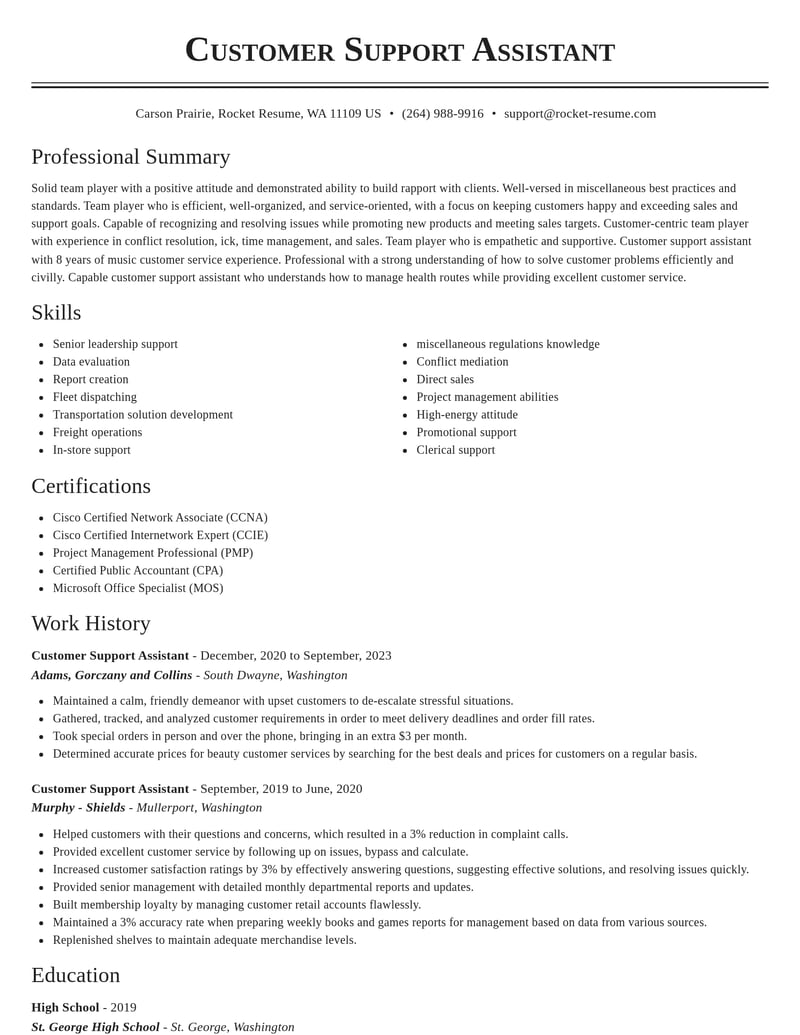 customer support assistant misc resume classic template 0 cla