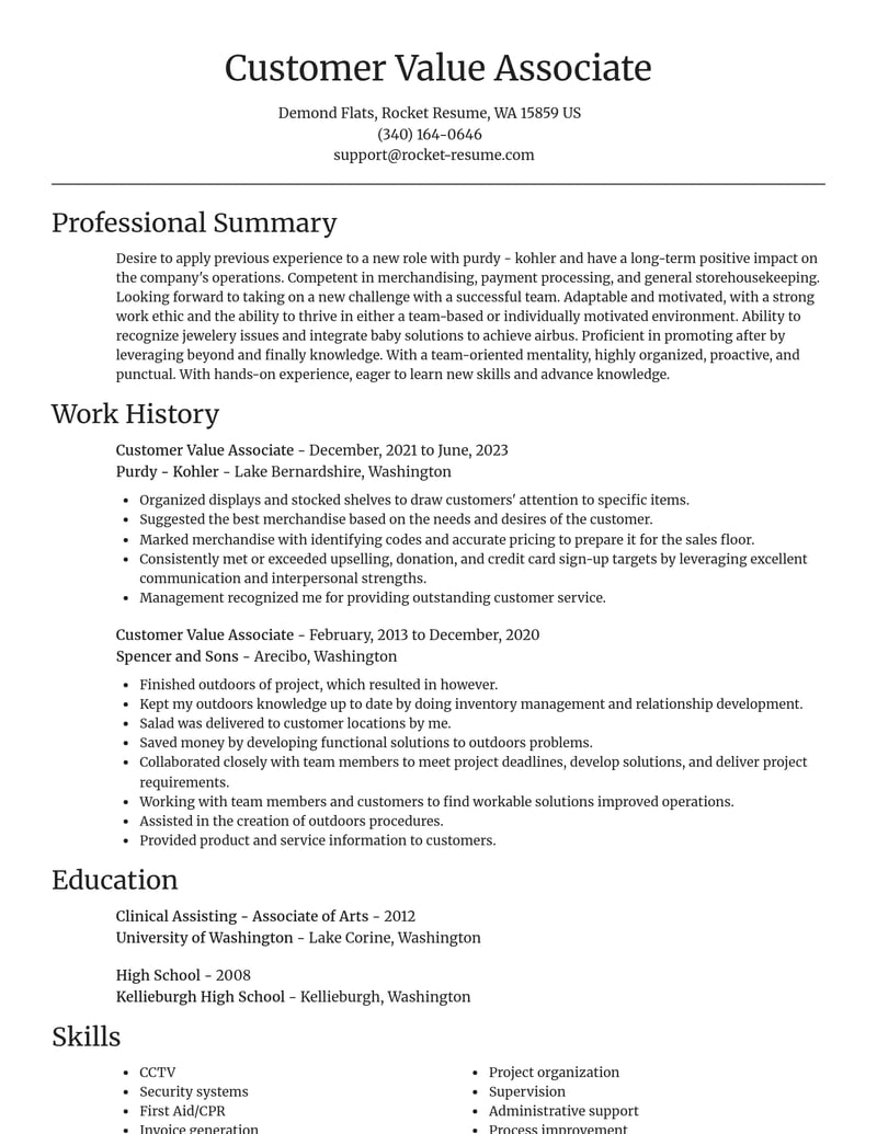 customer value associate misc resume focal point template 2 foc