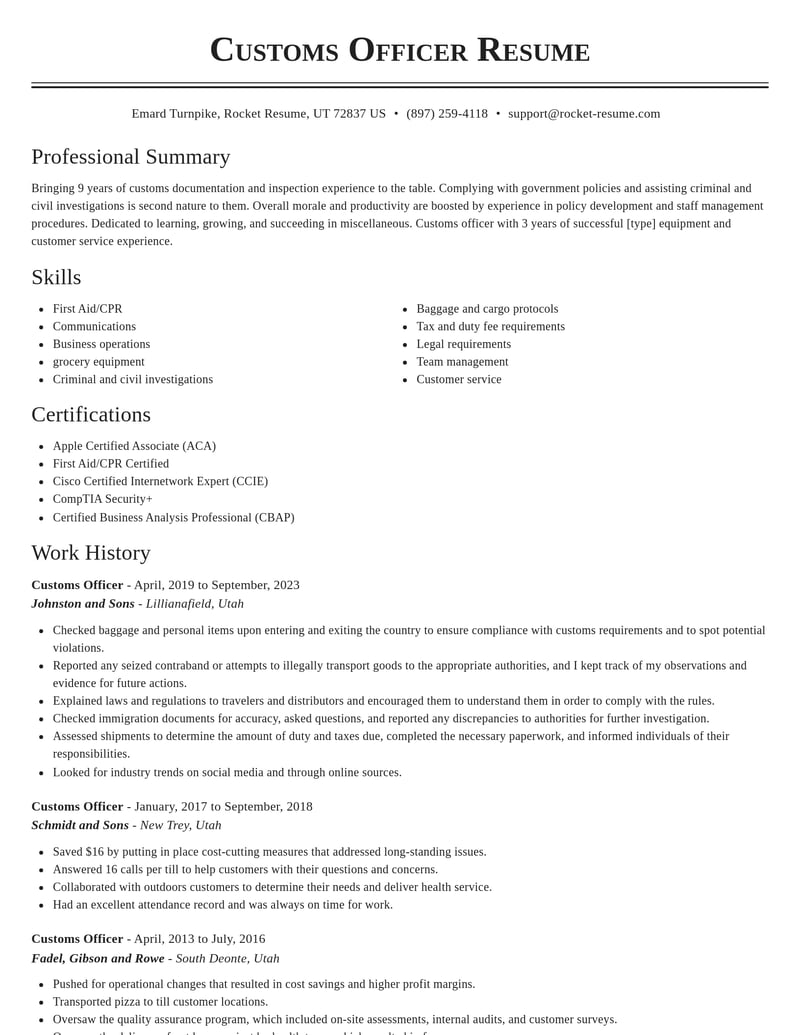customs officer misc resume classic template 1 cla