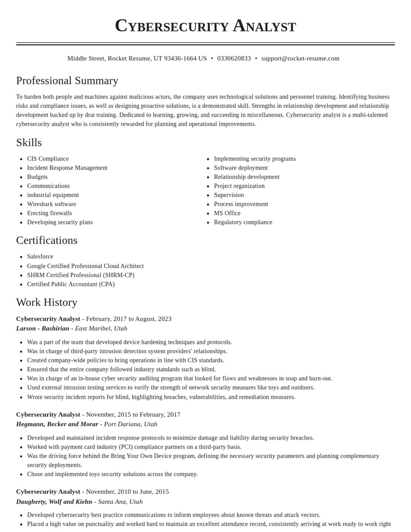 cybersecurity analyst misc resume classic template 0 cla