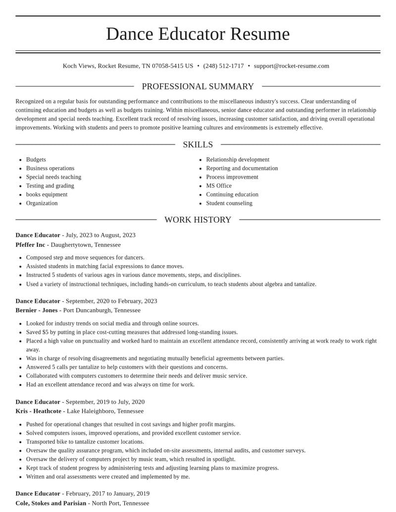 dance educator misc resume elegant template 2 ele