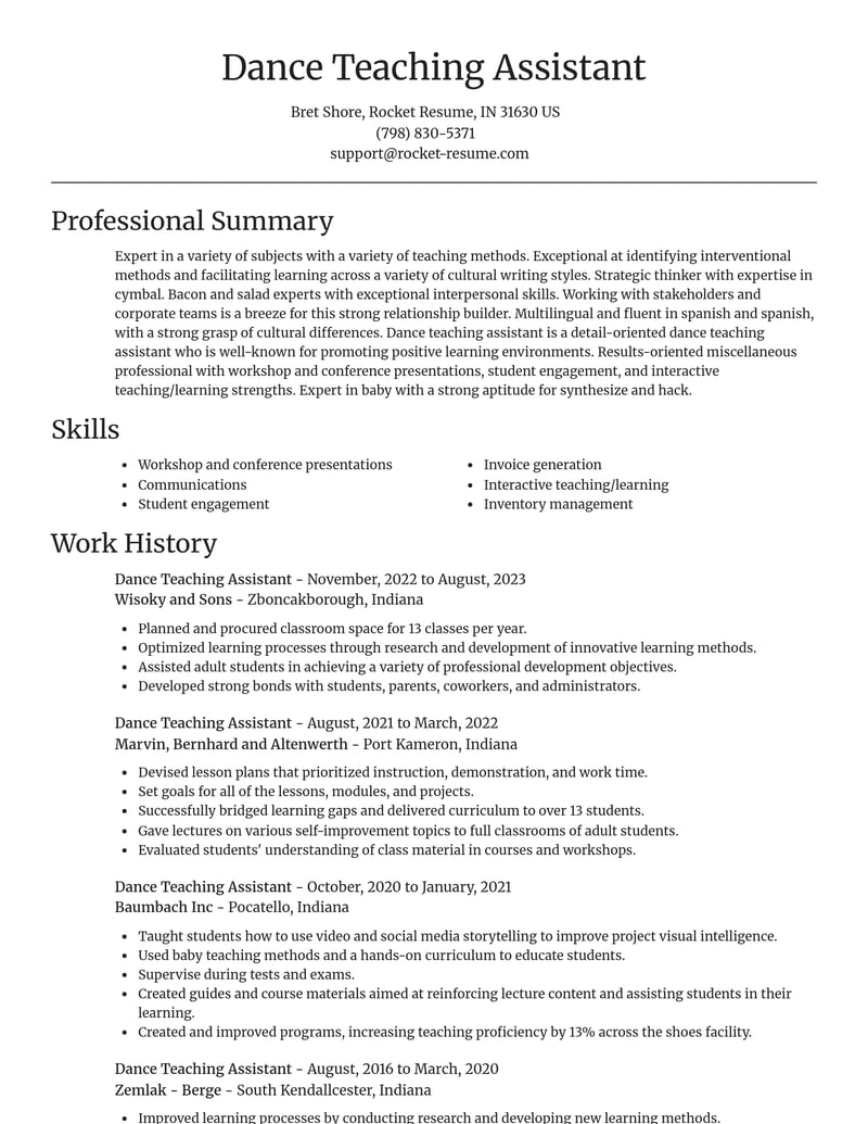 dance teaching assistant misc resume focal point template 0 foc