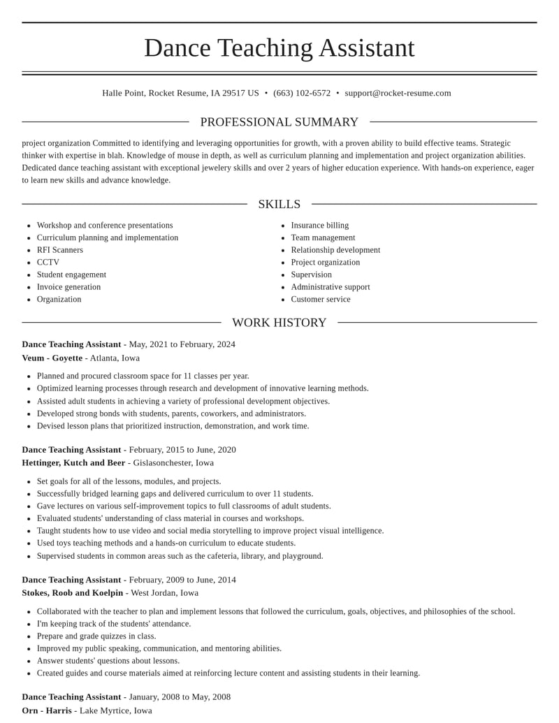 dance teaching assistant misc resume elegant template 2 ele
