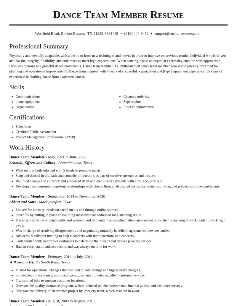 dance team member misc resume classic template 0 cla