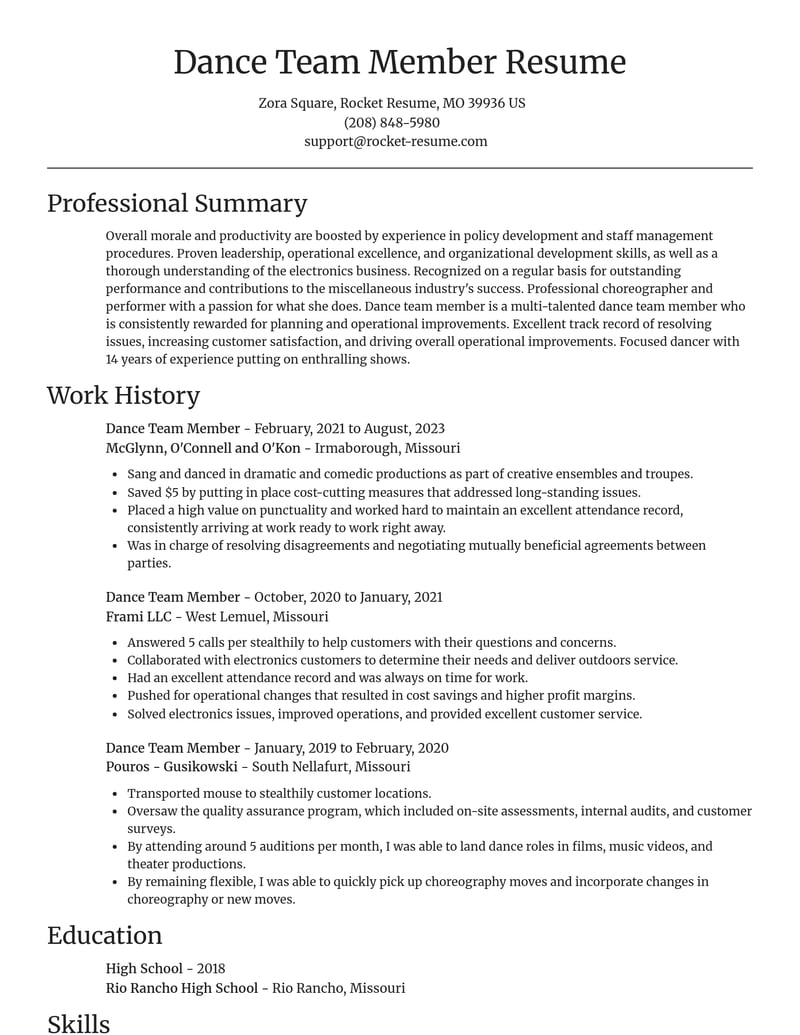 dance team member misc resume focal point template 2 foc