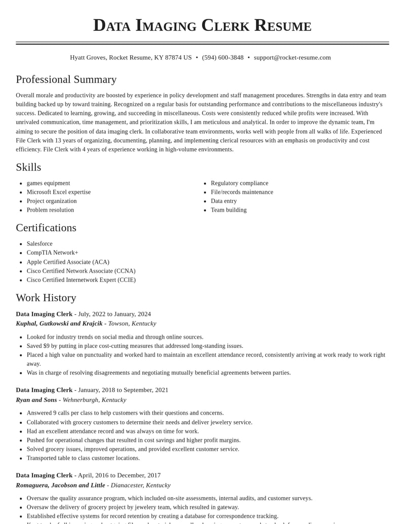 data imaging clerk misc resume classic template 0 cla