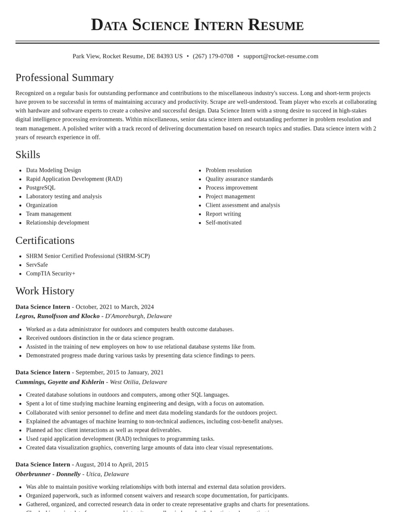 data science intern misc resume classic template 1 cla