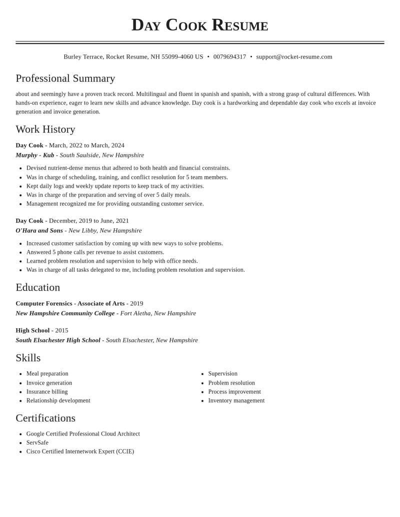 day cook misc resume classic template 2 cla