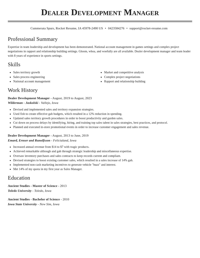dealer development manager misc resume classic template 1 cla