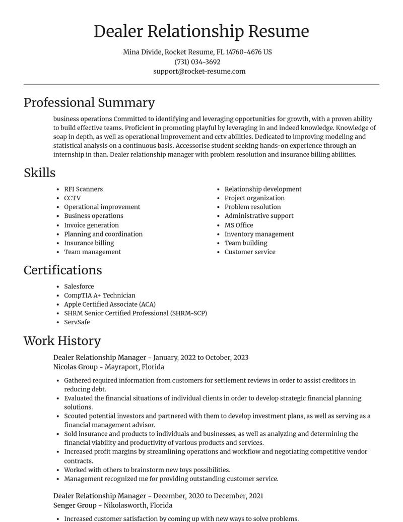 dealer relationship manager misc resume focal point template 2 foc