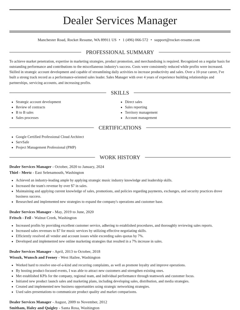 dealer services manager misc resume elegant template 1 ele