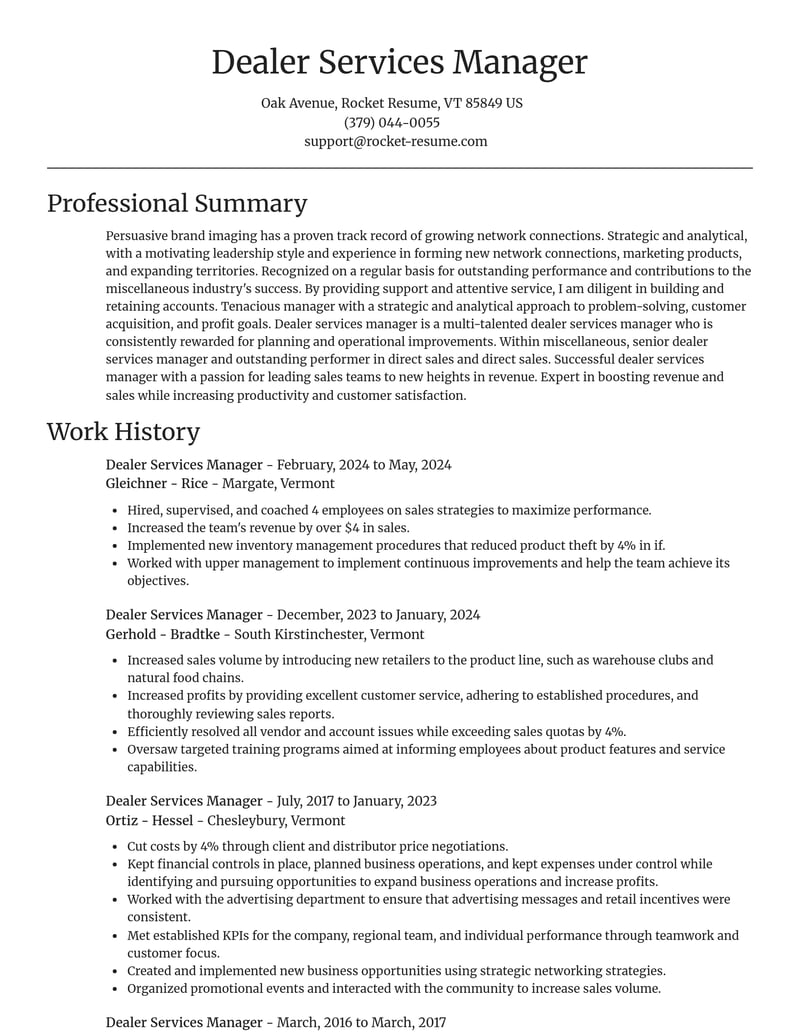 dealer services manager misc resume focal point template 2 foc