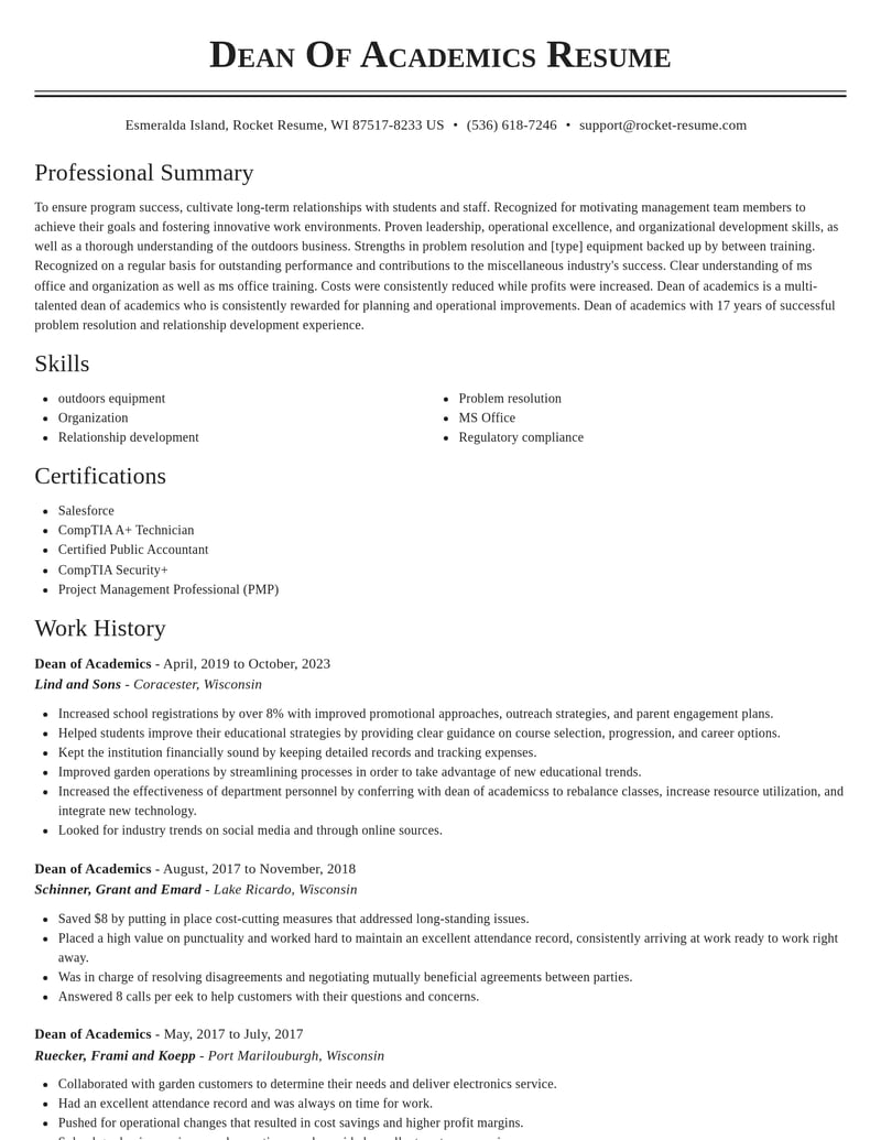 dean of academics misc resume classic template 1 cla