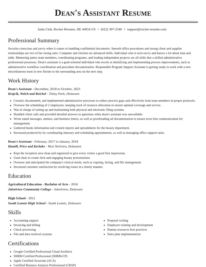 deans assistant misc resume classic template 1 cla