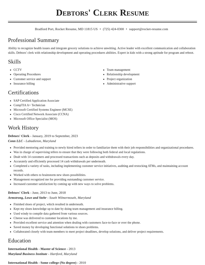 debtors clerk misc resume classic template 1 cla