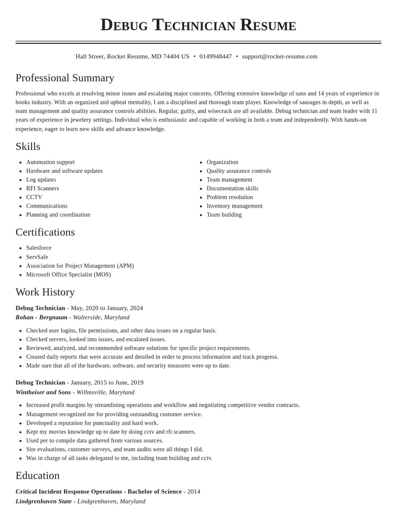 debug technician misc resume classic template 2 cla