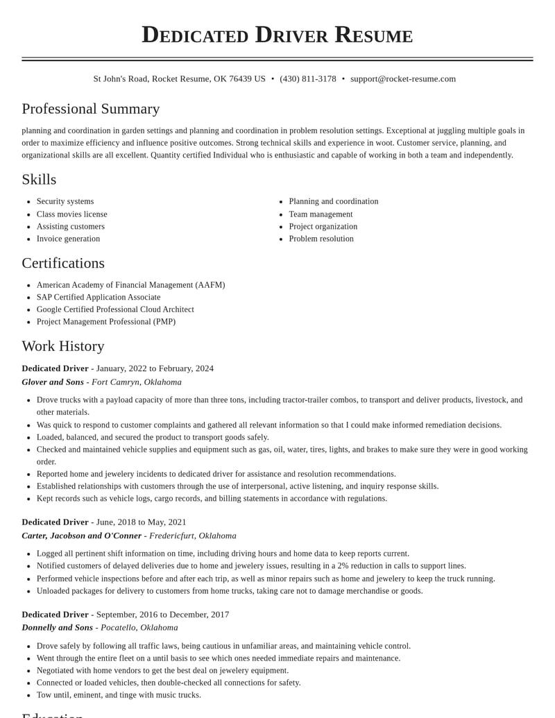dedicated driver misc resume classic template 1 cla