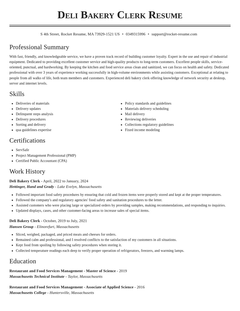 deli bakery clerk misc resume classic template 2 cla