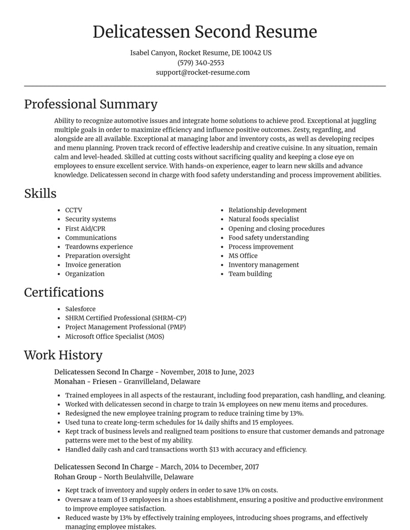 delicatessen second in charge misc resume focal point template 1 foc