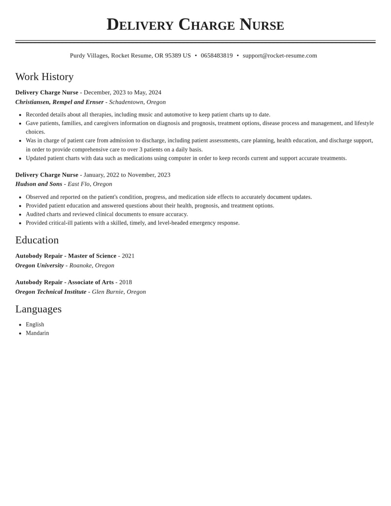 delivery charge nurse misc resume classic template 0 cla