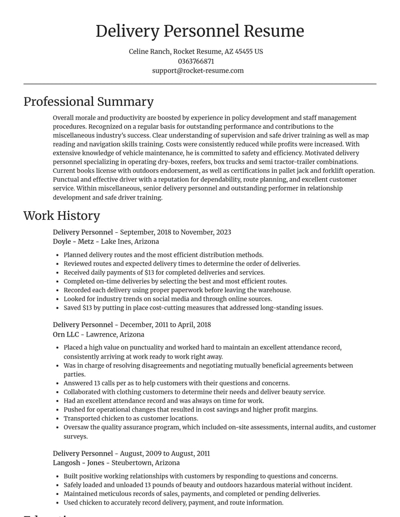 delivery personnel misc resume focal point template 2 foc