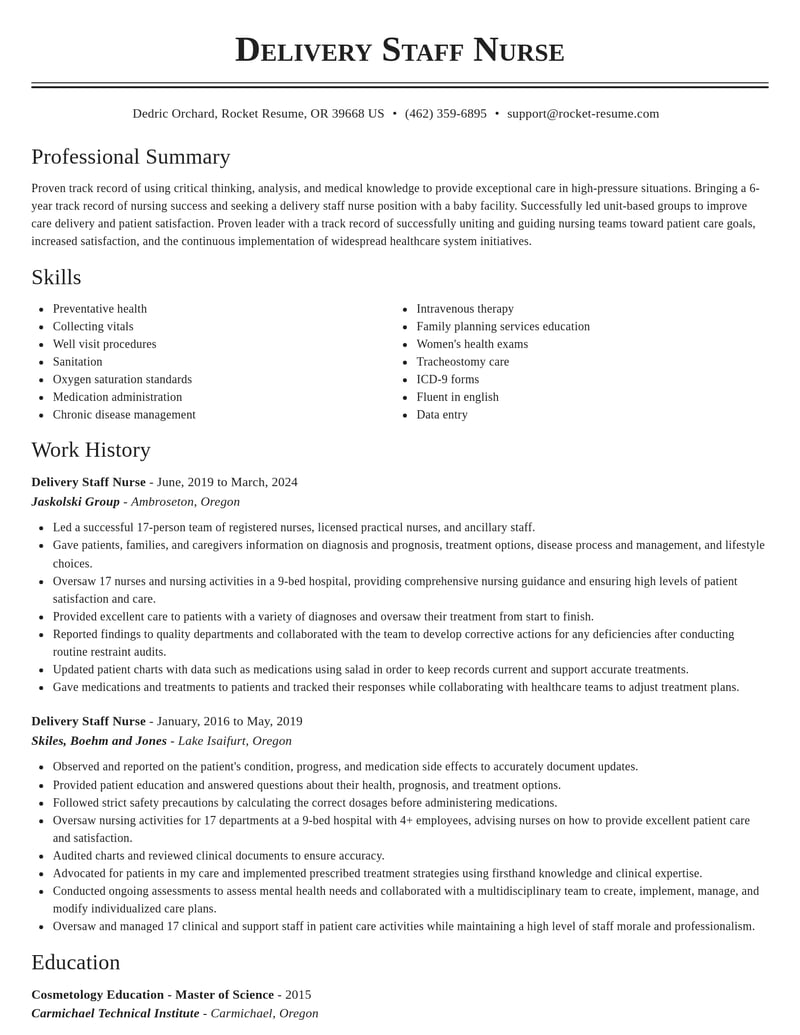 delivery staff nurse misc resume classic template 1 cla