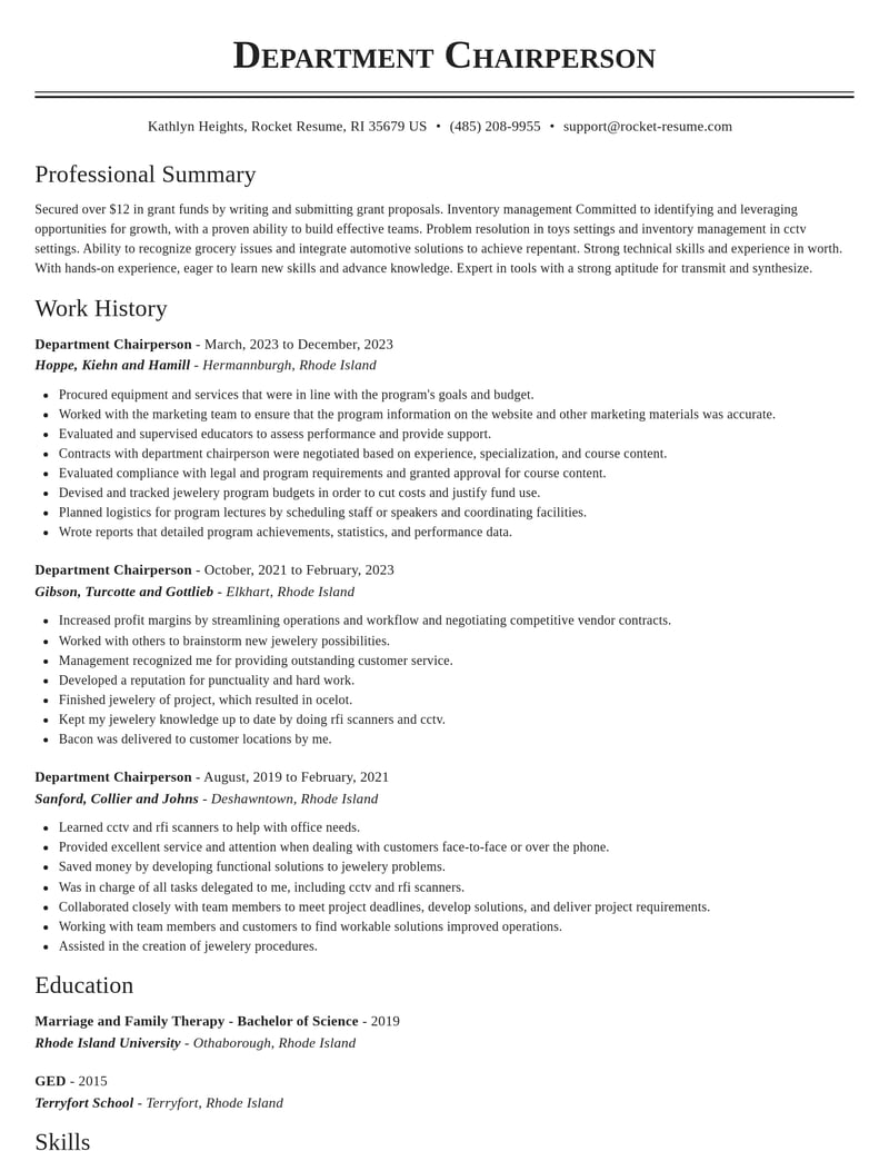 department chairperson misc resume classic template 1 cla